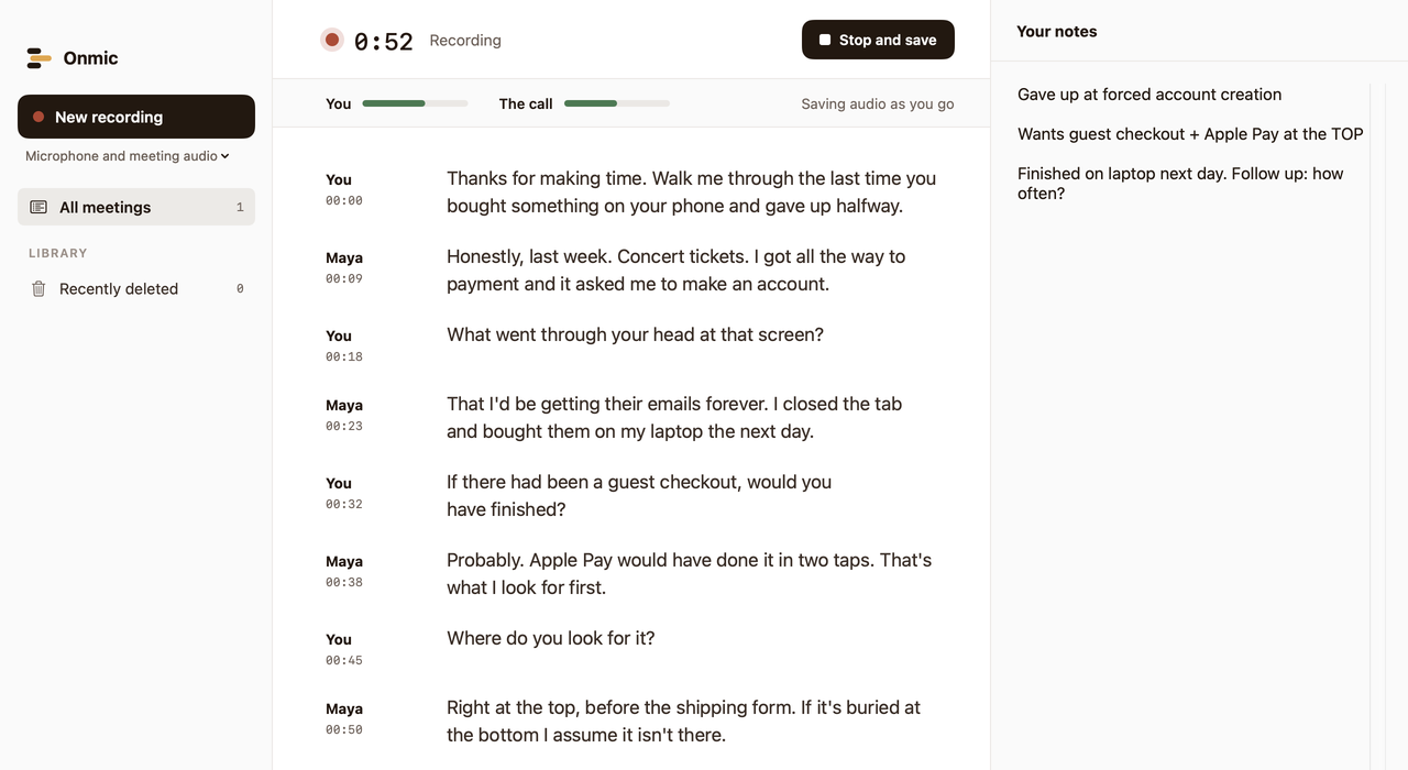 Onmic recording a user interview: a live transcript between You and Maya, with meters for you and the call.